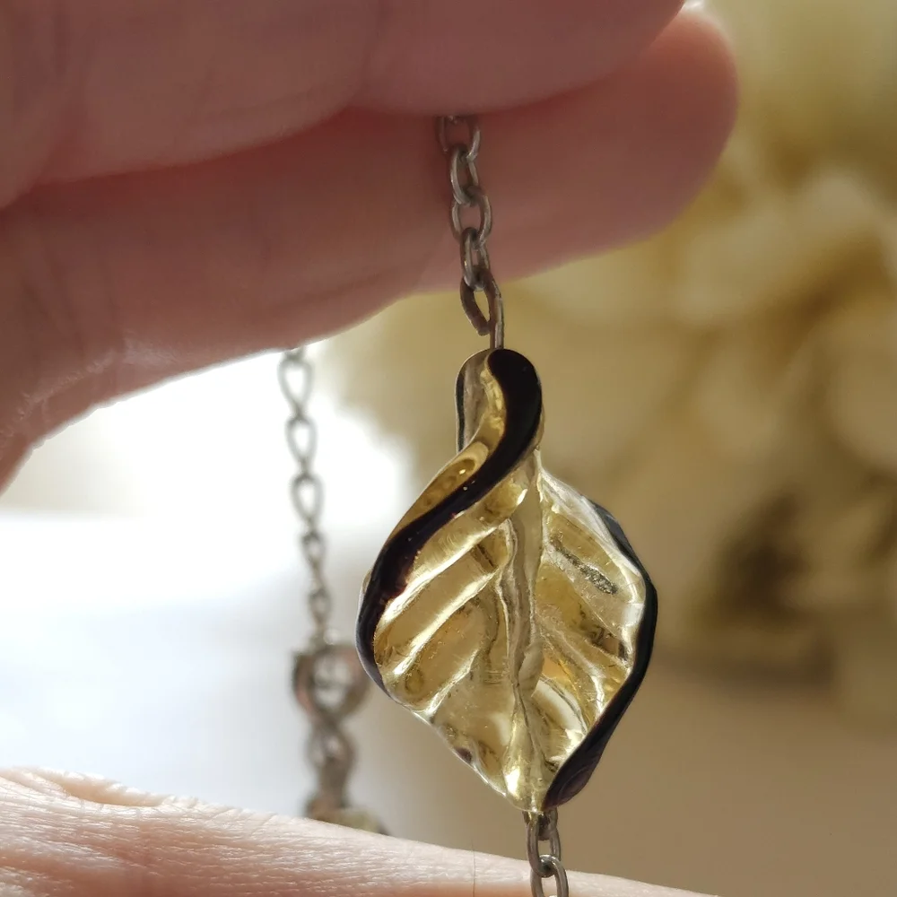 Yellow & Black Glass Spiral Leaf Beaded Bracelet Chain Bead Link Bracelet